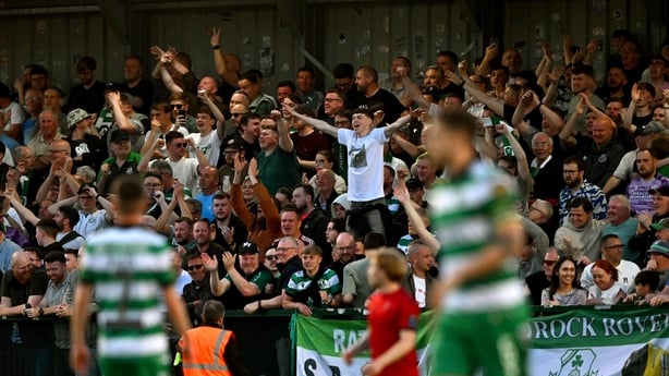 25 May 2026; Shamrock Rovers supporters celebrate after John McGovern, not pictured, scored their side's first goal during the SSE Airtricity Men's Premier Division match between Bohemians and Shamrock Rovers at Dalymount Park in Dublin. Photo by Tyler Miller/Sportsfile