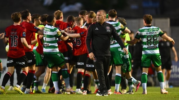 25 May 2026; Bohemians manager Alan Reynolds reacts as players from both sides tussle after the SSE Airtricity Men's Premier Division match between Bohemians and Shamrock Rovers at Dalymount Park in Dublin. Photo by Tyler Miller/Sportsfile