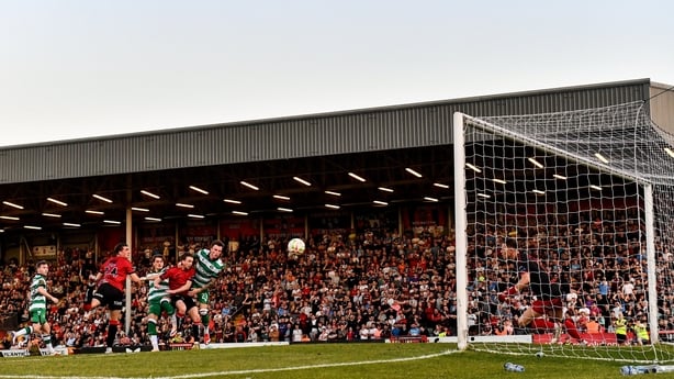 25 May 2026; John McGovern of Shamrock Rovers heads to score his side's first goal during the SSE Airtricity Men's Premier Division match between Bohemians and Shamrock Rovers at Dalymount Park in Dublin. Photo by Ben McShane/Sportsfile