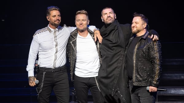 Keith Duffy, Ronan Keating, Shane Lynch, and Mikey Graham of Boyzone perform on stage during The Final Five tour at the London Palladium on 21 October, 2019 in London. (Photo by Joseph Okpako/WireImage)
