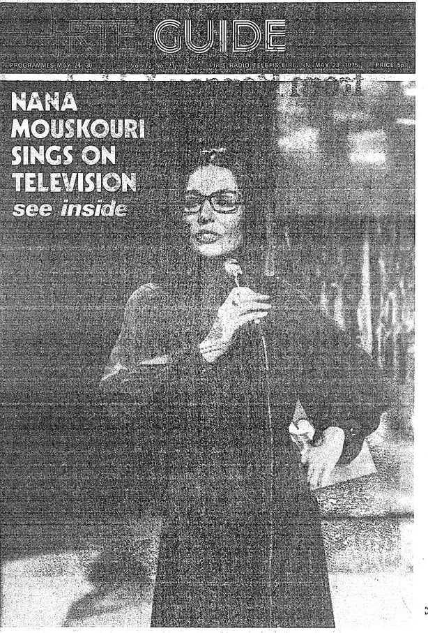RTE Guide cover showing Nana Mouskouri, a woman with dark hair and glasses, singing into a microphone in1975