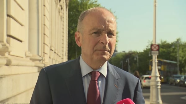 Micheál Martin speaking outside Government Buildings