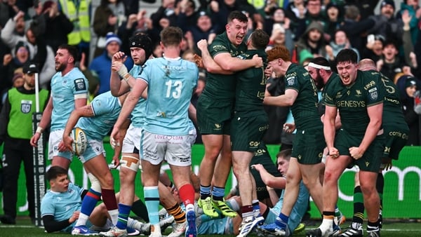28 February 2026; Matthew Victory, left, celebrates with teammate Finn Treacy after Sean Jansen, hidden, scores their side's second try during the United Rugby Championship match between Connacht and Glasgow Warriors at Dexcom Stadium in Galway. Photo by