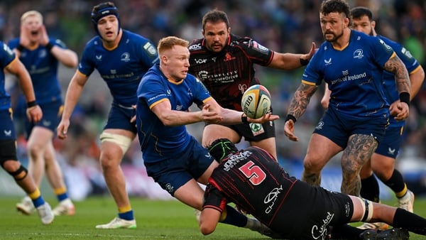 9 May 2026; Ciarán Frawley of Leinster is tackled by Reinhard Nothnagel of Lions during the United Rugby Championship match between Leinster and Lions at the Aviva Stadium in Dublin. Photo by David Fitzgerald/Sportsfile