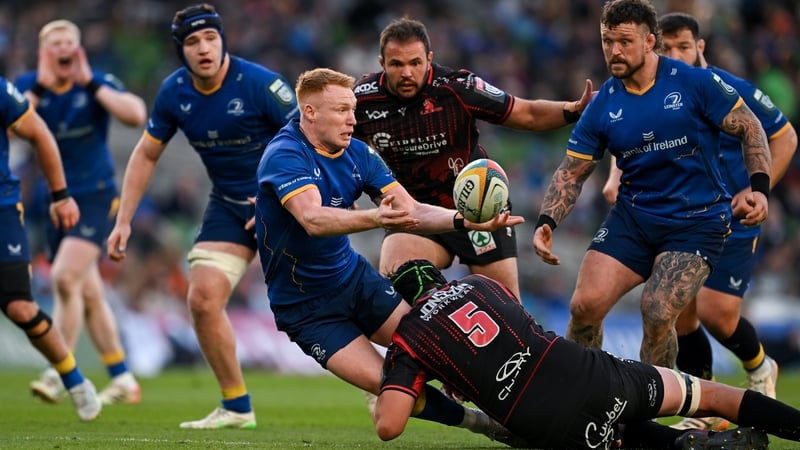 9 May 2026; Ciarán Frawley of Leinster is tackled by Reinhard Nothnagel of Lions during the United Rugby Championship match between Leinster and Lions at the Aviva Stadium in Dublin. Photo by David Fitzgerald/Sportsfile