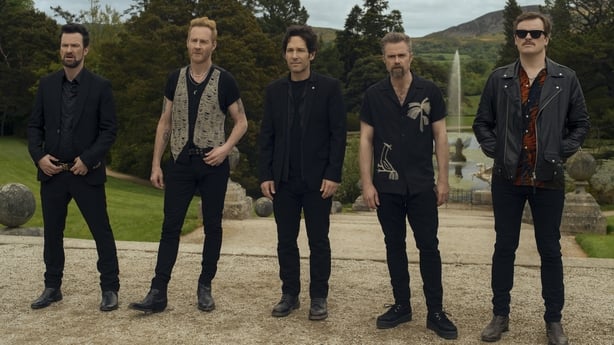 Keith McErlean as Kyle, Peter McDonald as Sandy, Paul Rudd as Rick, Rory Keenan as Binzer, and Paul Reid as Bernard in Power Ballad. Photo Credit: David Cleary