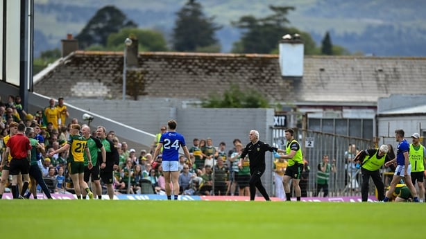 23 May 2026; Donegal manager Jim McGuinness appeals to officials following an incident at half-time of the GAA Football All-Ireland Senior Championship Round 1 match between Kerry and Donegal at Fitzgerald Stadium in Killarney, Kerry. Photo by Stephen McCarthy/Sportsfile