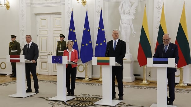 Latvia's President Edgars Rinkevics (2nd L), European Commission President Ursula von der Leyen (4th L), Estonia's President Alar Karis (2nd R) and Lithuania's President Gitanas Nauseda (R) hold a joint press conference after talks on the security in the region