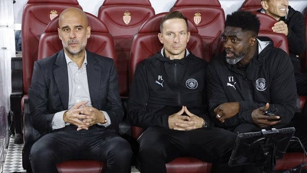 Coach of Manchester City Pep Guardiola, assistant-coaches Pepijn Lijnders and Kolo Toure during the UEFA Champions League 2025/26 League Phase MD2 football match between AS Monaco (ASM) and Manchester City at Stade Louis II on October 1, 2025 in Monaco,