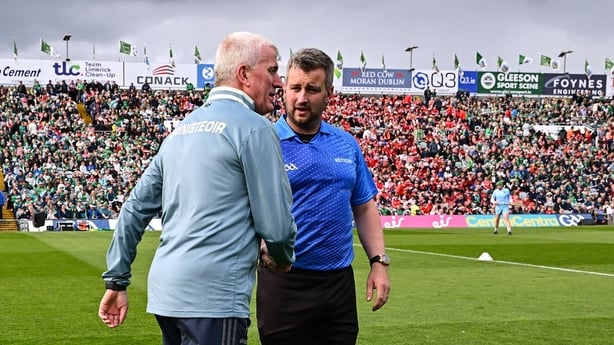 7 June 2025; Referee Thomas Walsh with Limerick manager John Kiely before the Munster GAA Hurling Senior Championship final match between Limerick and Cork at TUS Gaelic Grounds in Limerick. Photo by Piaras Ó Mídheach/Sportsfile