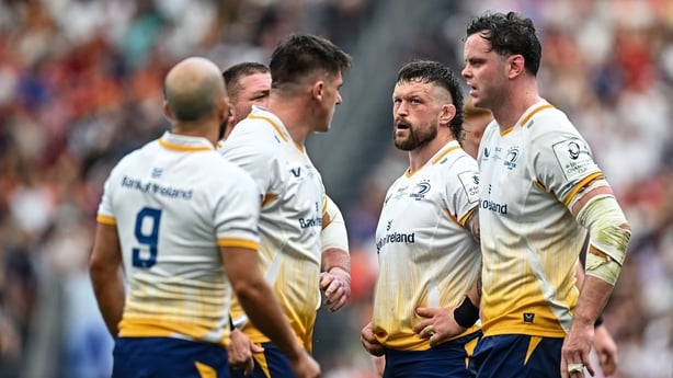 23 May 2026; Andrew Porter of Leinster, centre, and teammates during the Investec Champions Cup final match between Leinster and Union Bordeaux Bégles at San Mamés Stadium in Bilbao, Spain. Photo by Seb Daly/Sportsfile