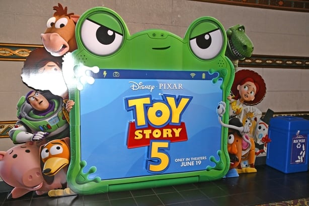 LOS ANGELES, CALIFORNIA - MARCH 06: A view of a "Toy Story 5" display during Disney and Pixar's "Hoppers" fan event at El Capitan Theatre on March 06, 2026 in Los Angeles, California. (Photo by Michael Tullberg/Getty Images)