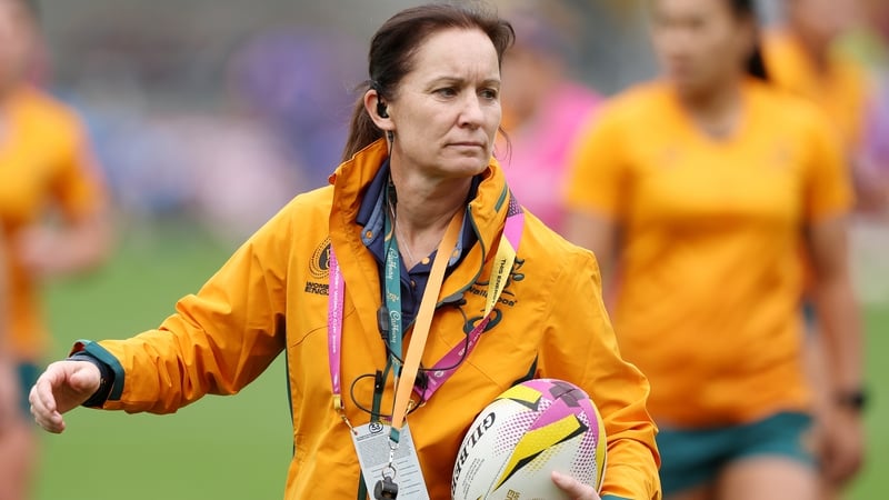 Joanne Yapp, Head Coach of Australia, looks on during the warm up prior to the Women's Rugby World Cup 2025 Pool A match between Australia and Samoa at the Salford Community Stadium on August 23, 2025 in Salford, England.