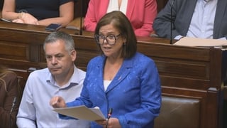 Mary Lou McDonald speaking in the Dáil with Pearse Doherty sitting to her right