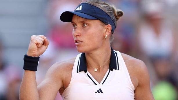 Yuliia Starodubtseva of Ukraine celebrates a point during their Women's Singles second round match against Elena Rybakina of Kazakhstan on Day Four of the 2026 French Open at Roland Garros on May 27, 2026 in Paris, France.