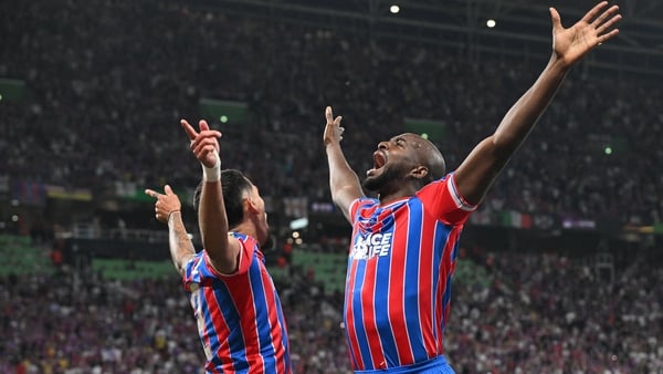 LEIPZIG, GERMANY - MAY 27: Jean-Philippe Mateta of Crystal Palace celebrate with Daniel Munoz after scoring the first goal during the UEFA Conference League Final 2026 match between Crystal Palace FC v Rayo Vallecano de Madrid at Football Arena Leipzig on