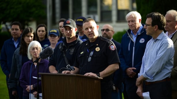 Cowlitz Fire and Rescue Chief Scott Goldstein addresses reporters outside the Nippon Dynawave Packaging facility.