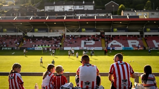 25 May 2026; Derry City supporters watch the warm-ups before the SSE Airtricity Men's Premier Division match between Derry City and Shelbourne at Find Insurance Celtic Park in Derry. Photo by Ramsey Cardy/Sportsfile