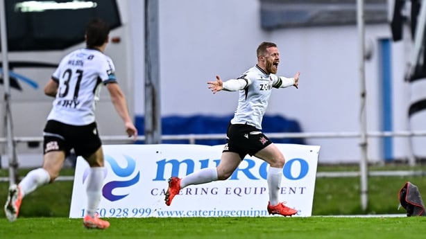 4 May 2026; Daryl Horgan of Dundalk celebrates after scoring his side's third goal during the SSE Airtricity Men's Premier Division match between Waterford and Dundalk at RSC in Waterford. Photo by Seb Daly/Sportsfile