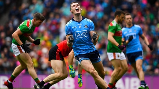 10 August 2019; Brian Fenton of Dublin celebrates after scoring his side's third goal during the GAA Football All-Ireland Senior Championship Semi-Final match between Dublin and Mayo at Croke Park in Dublin. Photo by Ramsey Cardy/Sportsfile