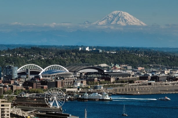 SEATTLE, WASHINGTON - MAY 27: An aerial view of Mount Rainier and Seattle Stadium, temporarily renamed from Lumen Field, ahead of the FIFA World Cup 2026 in Seattle, Washington on May 27, 2026. The stadium will host six matches during the 2026 FIFA World Cup. (Photo by Steph Chambers/Getty Images)