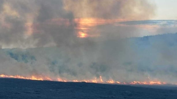 A Dublin Mountains gorse fire rages in the distance