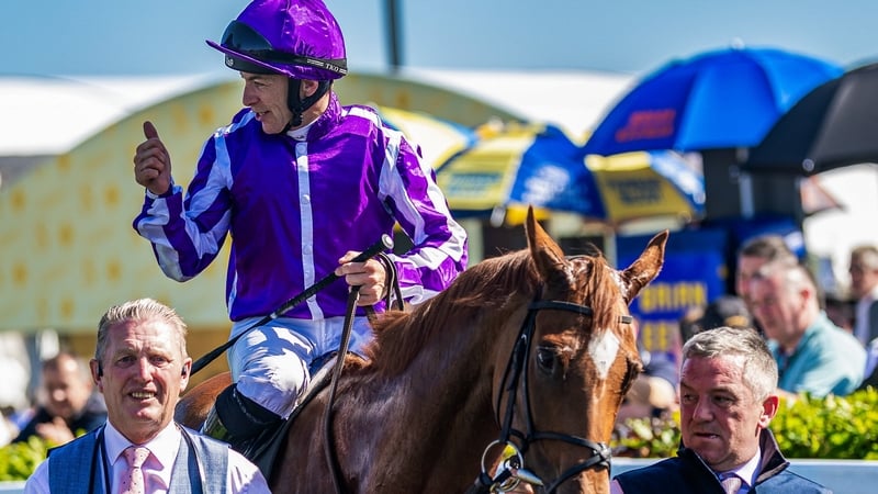 24 May 2026; Jockey Wayne Lordan on Precise is led into the parade ring after winning the Tattersalls Irish 1,000 Guineas during day two of the Tattersalls Irish Guineas Weekend at The Curragh Racecourse in Kildare. Photo by Thomas Doolin/Sports file