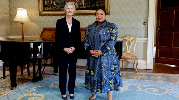 President Catherine Connolly (L) receiving DRC Minister Kyikwamba Wagner at Áras an Uachachtaráin