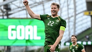 28 May 2026; Nathan Collins of Republic of Ireland celebrates after scoring his side's first goal during the international friendly match between Republic of Ireland and Qatar at the Aviva Stadium in Dublin. Photo by Stephen McCarthy/Sportsfile