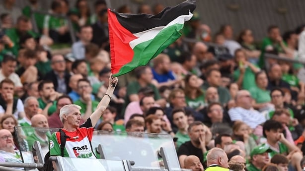 Supporters protest during the international friendly match between Republic of Ireland and Qatar at the Aviva Stadium in Dublin.