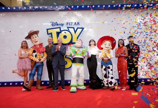 (Left to right) Sian Welby, Tom Hanks, Tim Allen, Joan Cusack, Greta Lee and Jordan North at a launch event for Toy Story 5, at the Odeon Luxe in Leicester Square, central London. Picture date: Thursday May 28, 2026. PA Photo. Photo credit should read: Yui Mok/PA Wire