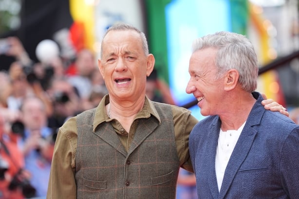 Tom Hanks (left) and Tim Allen at a launch event for Toy Story 5, at the Odeon Luxe in Leicester Square, central London. Picture date: Thursday May 28, 2026. PA Photo. Photo credit should read: Yui Mok/PA Wire