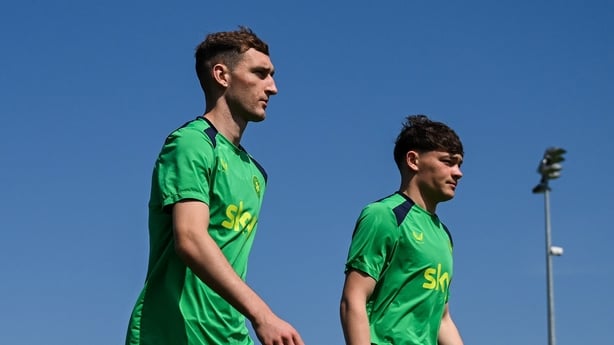 Mason Melia and Owen Elding, right, during a Republic of Ireland training session at the FAI National Training Centre in Abbotstown, Dublin.