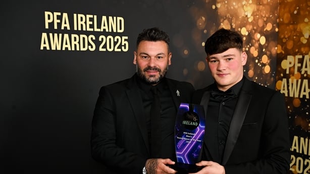 PFA Ireland Men's Young Player of the Year 2025 award recipient Owen Elding of Sligo Rovers and his father Anthony during the PFA Ireland Awards 2025 at The College Green Hotel in Dublin.
