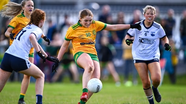 Tara Geoghegan of Donegal scores a point during the All-Ireland Ladies Football U18 C final match between Donegal and Waterford in 2023