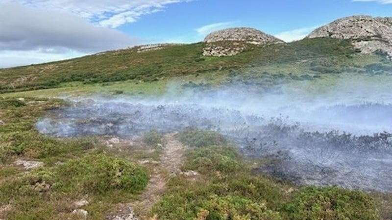 Smoke billows over gorse on Bray Head as a fire burns