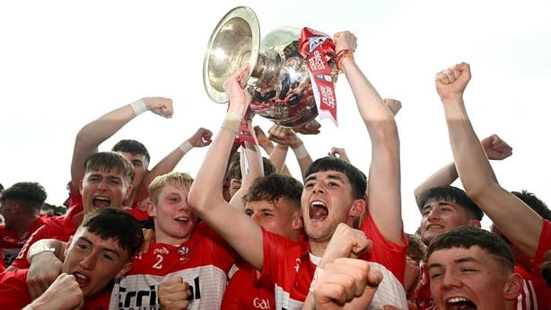 9 July 2023; Cahir Speir of Derry celebrates with the Tom Markham Cup after the Electric Ireland GAA Football All-Ireland Minor Championship final match between Derry and Monaghan at Box-IT Athletic Grounds in Armagh. Photo by Ramsey Cardy/Sportsfile
