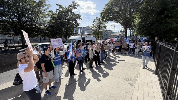 Covalen workers protesting at the gates of Meta's HQ in Ballsbridge