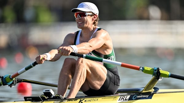 29 May 2026; Fintan McCarthy of Ireland competes in the Men's Single Sculls heats during the 2026 World Rowing Cup at La Cartuja High-Performance Center, in Seville, Spain. Photo by Benedict Tufnell/Sportsfile