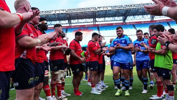 28 March 2026; Munster players clap off the Vodacom Bulls players after the United Rugby Championship match between Vodacom Bulls and Munster at Loftus Versfeld Stadium in Pretoria, South Africa. Photo by Nic Bothma/Sportsfile