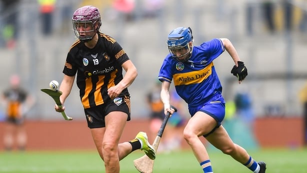 6 July 2025; Aoife Prendergast of Kilkenny in action against Eimear Loughman of Tipperary during the Glen Dimplex Senior All-Ireland Camogie Championship quarter-final match between Kilkenny and Tipperary at Croke Park in Dublin. Photo by John Sheridan/Sportsfile