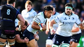 29 May 2026; Josh Ioane of Connacht is tackled by Patrick Schickerling of Glasgow Warriors during the United Rugby Championship quarter-final match between Glasgow Warriors and Connacht at Scotstoun Stadium in Glasgow, Scotland. Photo by Rob Casey/Sportsf