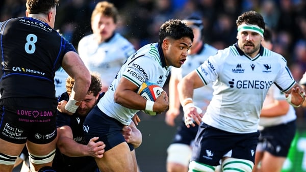 29 May 2026; Josh Ioane of Connacht is tackled by Patrick Schickerling of Glasgow Warriors during the United Rugby Championship quarter-final match between Glasgow Warriors and Connacht at Scotstoun Stadium in Glasgow, Scotland. Photo by Rob Casey/Sportsf
