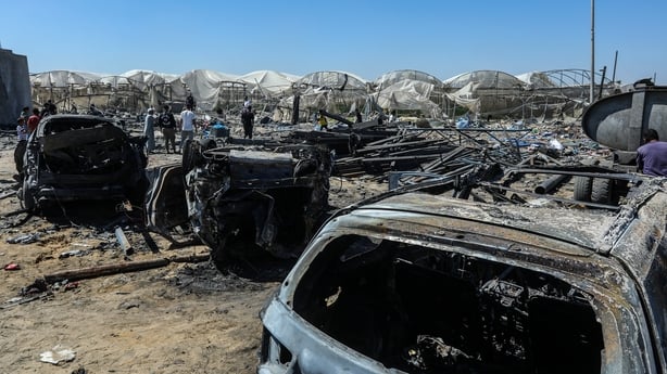 A view of the destruction at the Al-Mawasi area where an Israeli strike targeting a food warehouse and an open area caused significant damage to vehicles and tents in Khan Yunis, Gaza, Palestine on May 29, 2026. Three Palestinians were killed and many others injured in Israeli attacks carried out on