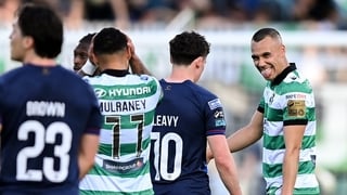 29 May 2026; Graham Burke of Shamrock Rovers celebrates after scoring his side's first goal during the SSE Airtricity Men’s Premier Division match between Shamrock Rovers and St Patrick's Athletic at Tallaght Stadium in Dublin. Photo by Stephen McCarthy/S
