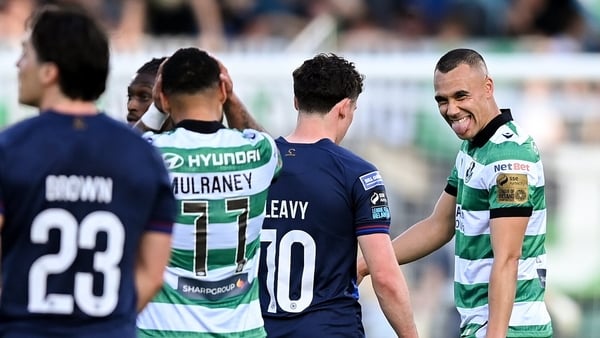 29 May 2026; Graham Burke of Shamrock Rovers celebrates after scoring his side's first goal during the SSE Airtricity Men’s Premier Division match between Shamrock Rovers and St Patrick's Athletic at Tallaght Stadium in Dublin. Photo by Stephen McCarthy/S
