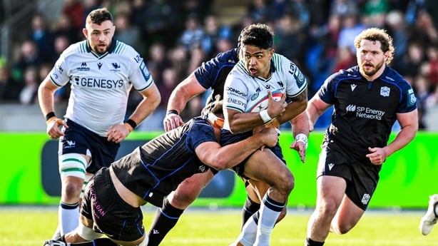 29 May 2026; Josh Ioane of Connacht is tackled by Matt Fagerson of Glasgow Warriors during the United Rugby Championship quarter-final match between Glasgow Warriors and Connacht at Scotstoun Stadium in Glasgow, Scotland. Photo by Rob Casey/Sportsfile 