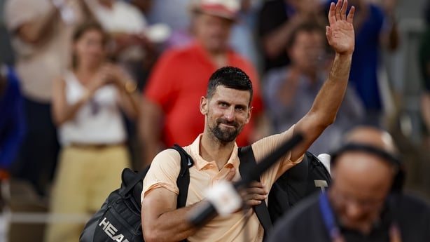 PARIS, FRANCE - MAY 29: Novak Djokovic of Serbia thanks the public after his match against João Fonseca of Brazil during the Men's Singles on Day Six of the 2026 French Open at Roland Garros on May 29, 2026 in Paris, France. (Photo by Antonio Borga/Eurasia Sport Images/Getty Images)