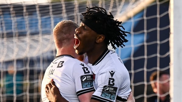 29 May 2026; Gbemi Arubi of Dundalk celebrates with Daryl Horgan, left, after scoring their side's second goal during the SSE Airtricity Men’s Premier Division match between Dundalk and Derry City at Oriel Park in Dundalk, Louth. Photo by Ben McShane/Spor