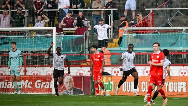 29 May 2026; Frantz Pierrot of Galway United celebrates after scoring his side's first goal during the SSE Airtricity Men’s Premier Division match between Shelbourne and Galway United at Tolka Park in Dublin. Photo by David Fitzgerald/Sportsfile
